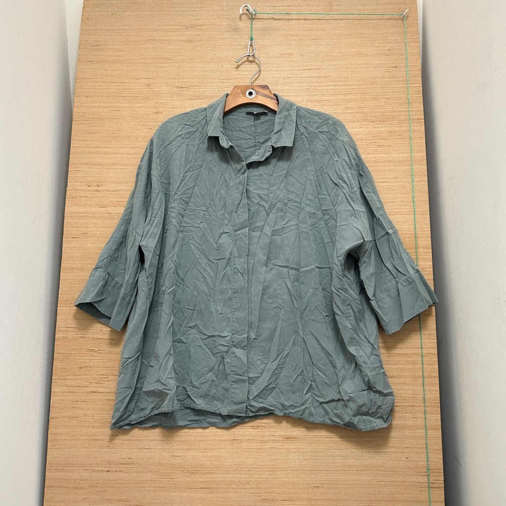 COS Women Sage Green Oversized Button Down Shirt Boxy 3/4 Sleeve Minimalist XS